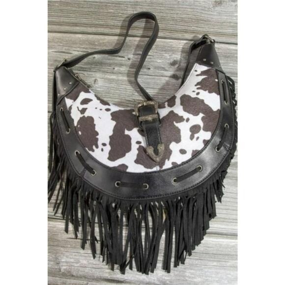 Fame Cow Print Faux Leather Fringe Hobo Bag - Picture 1 of 3